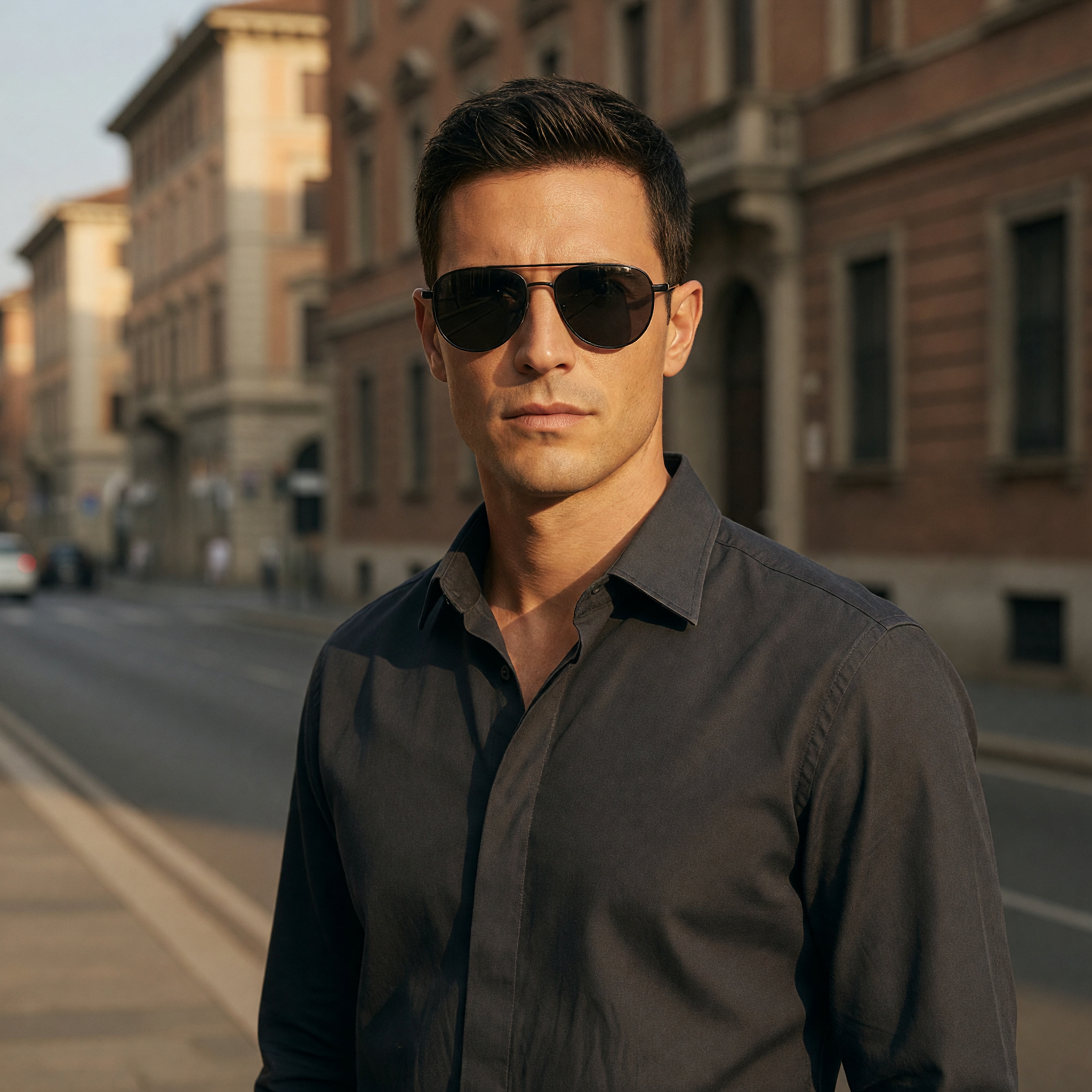 Emporio Armani matte black pilot sunglasses with double bridge and textured rubber temples — EA2059 men's aviator style for fall 2026