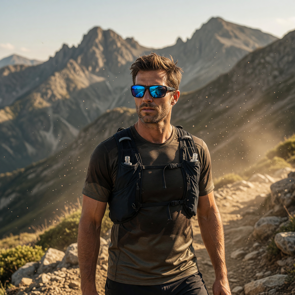 Wiley X AIRRAGE sunglasses with matte black frame and blue mirrored polarized lenses