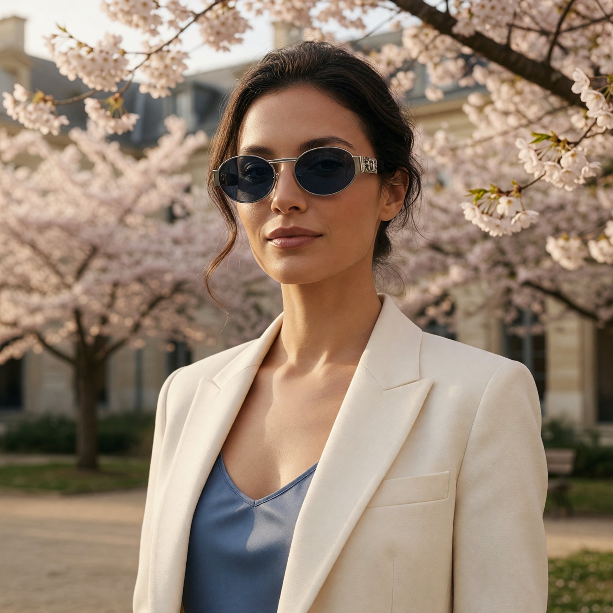 Versace VE2264 oval sunglasses in polished silver metal with deep blue lenses and Medusa relief temple detail