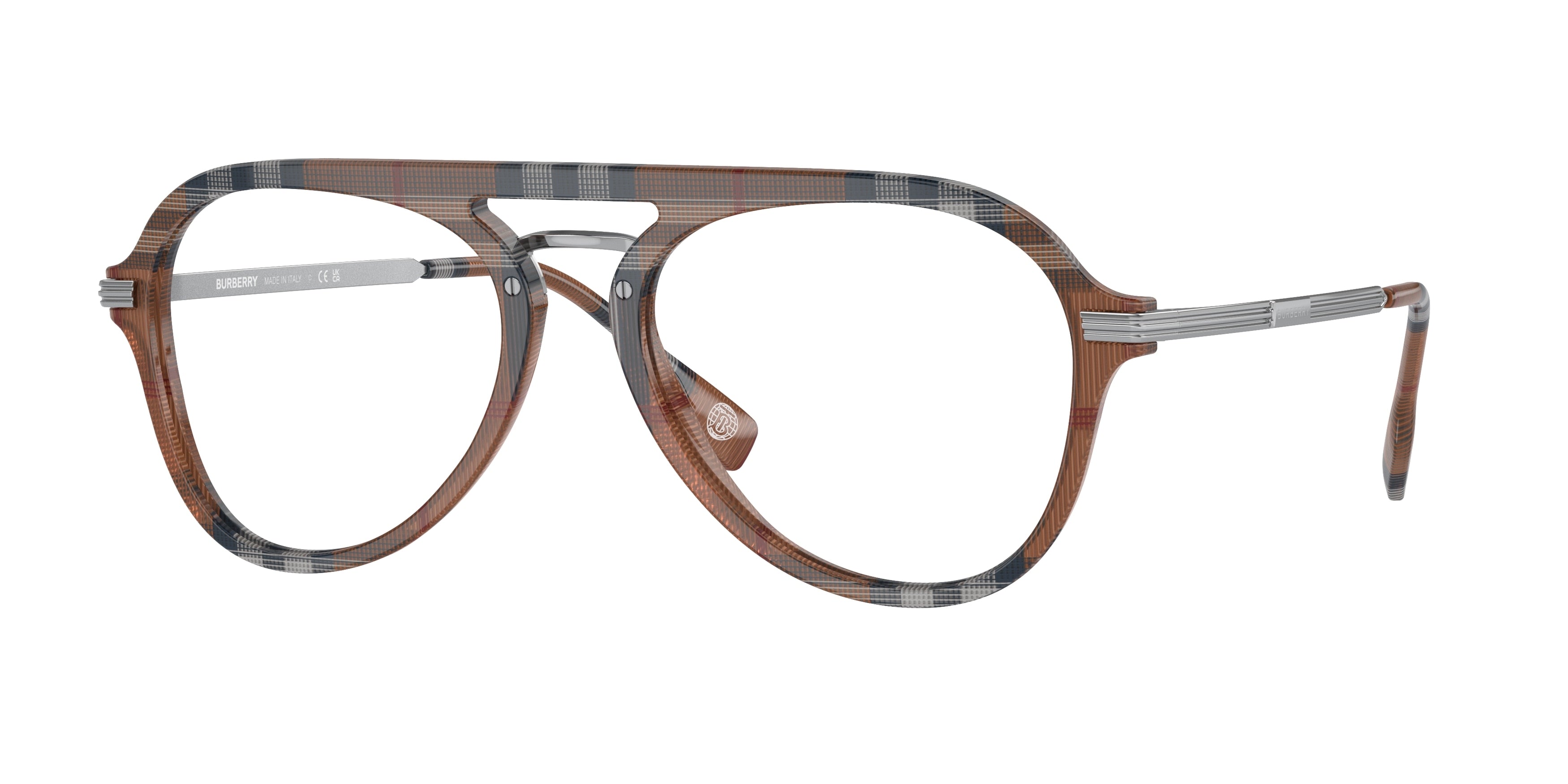 Burberry BAILEY BE2377 Pilot Eyeglasses 3966-Check Brown 55-145-18 - Color Map Brown
