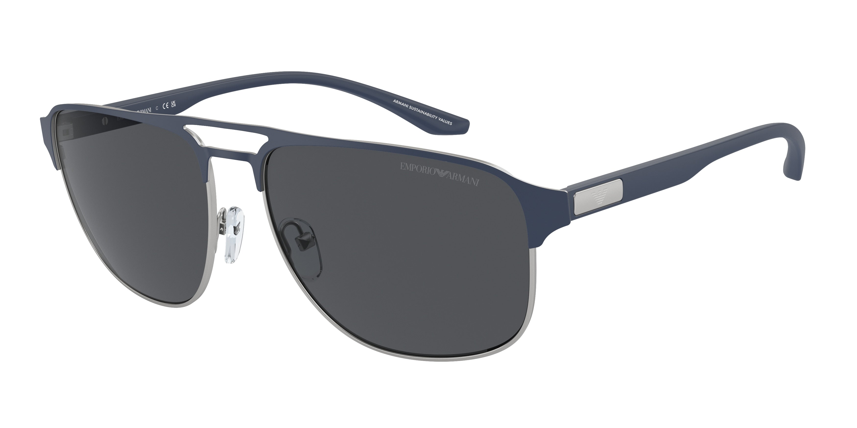 Emporio Armani EA2144 Pilot Sunglasses 336887-Matte Silver/Bluette 60-145-16 - Color Map Blue