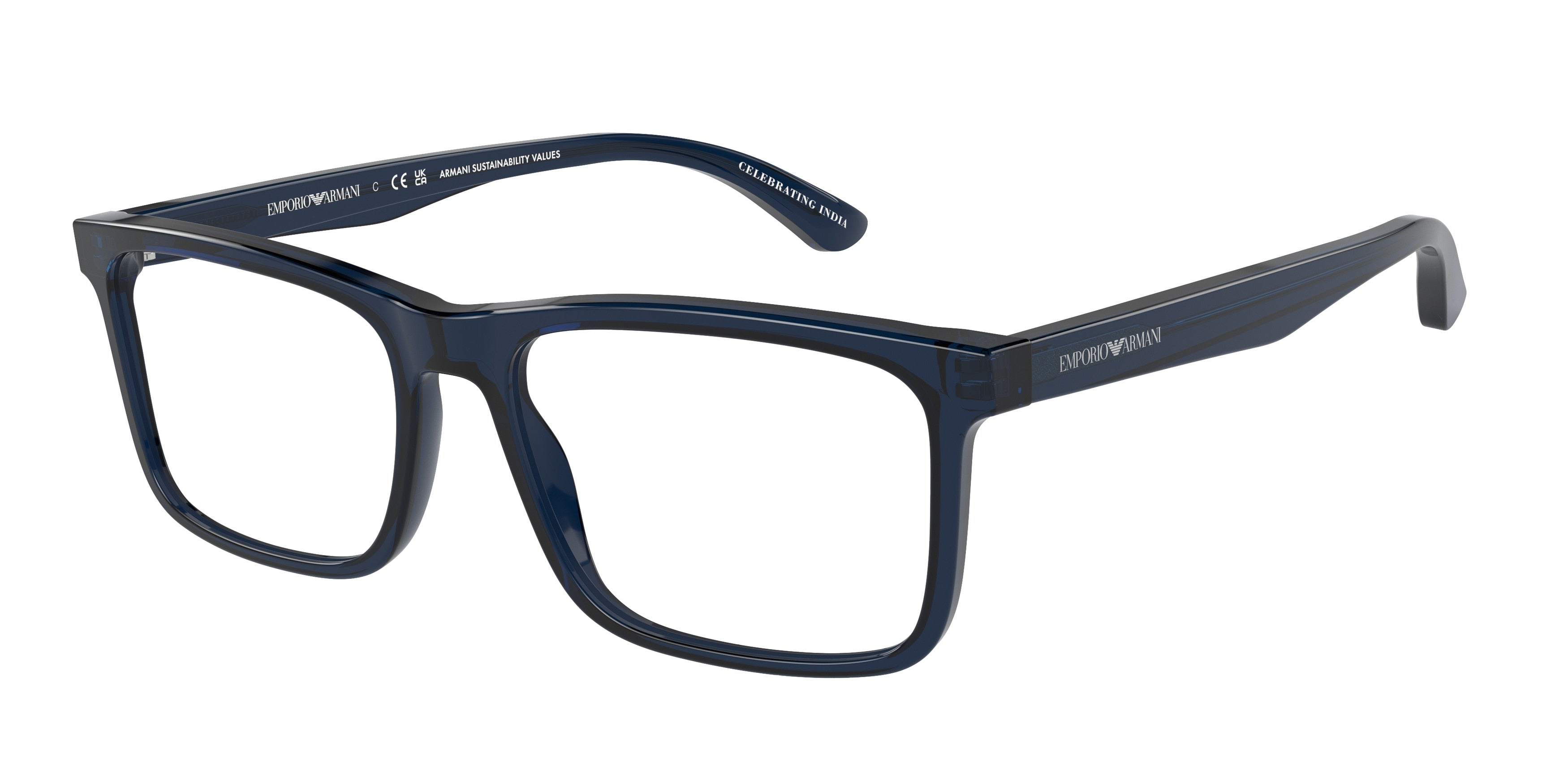 Emporio Armani EA3227 Pillow Eyeglasses 6047-Shiny Transparent Blue 54-145-17 - Color Map Blue