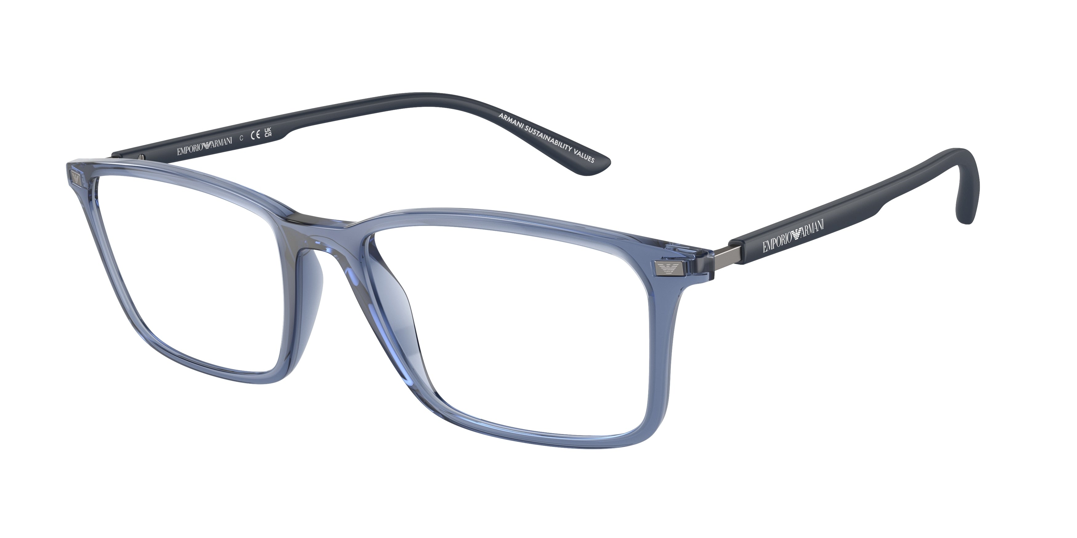 Emporio Armani EA3237F Rectangle Eyeglasses 6108-Shiny Transparent Blue 56-145-18 - Color Map Blue