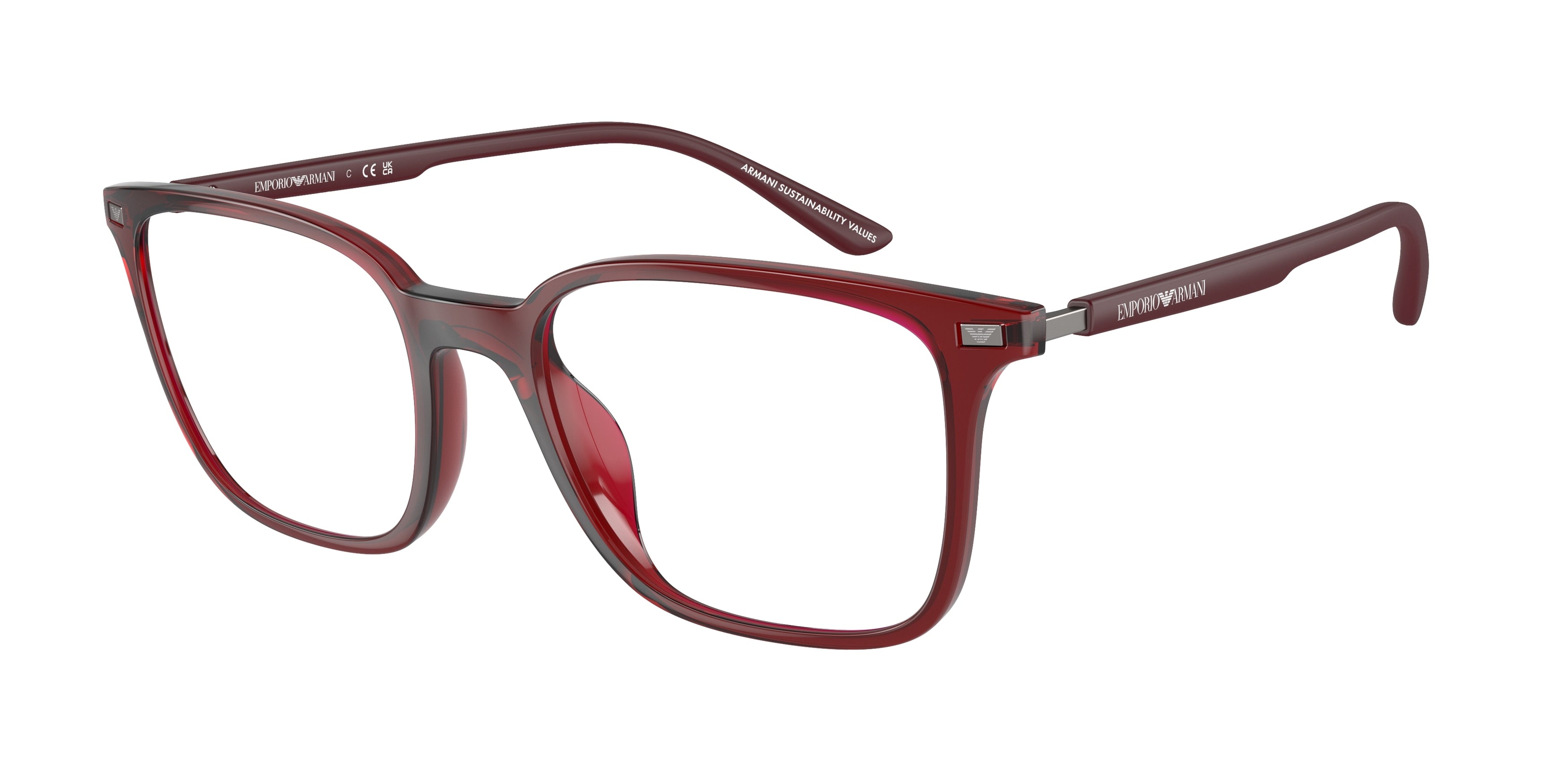Emporio Armani EA3242U Square Eyeglasses 6109-Shiny Transparent Bordeaux 54-145-19 - Color Map Red