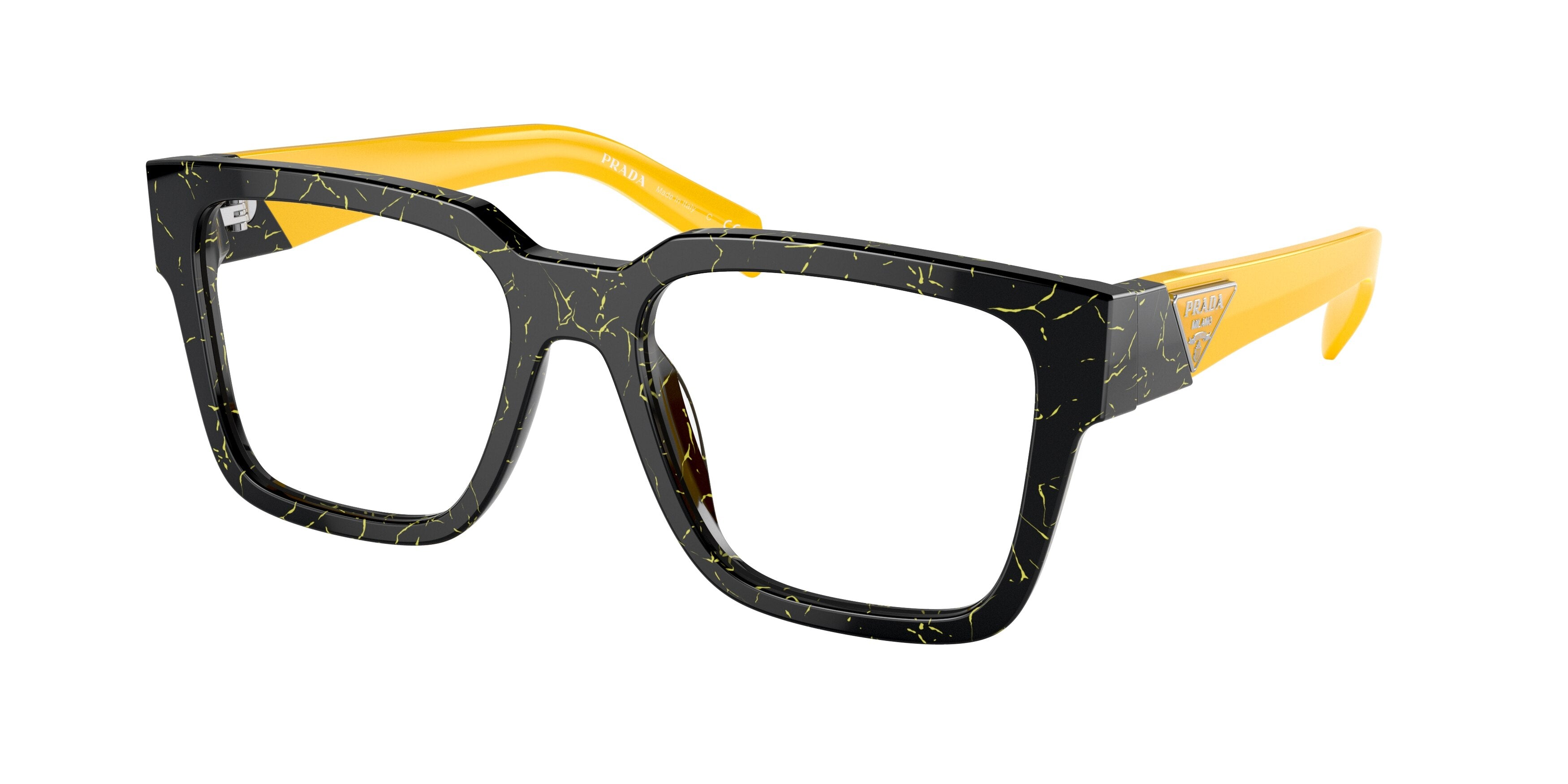 Prada PR08ZV Square Eyeglasses 19D1O1-Black/Yellow Marble 54-140-18 - Color Map Black