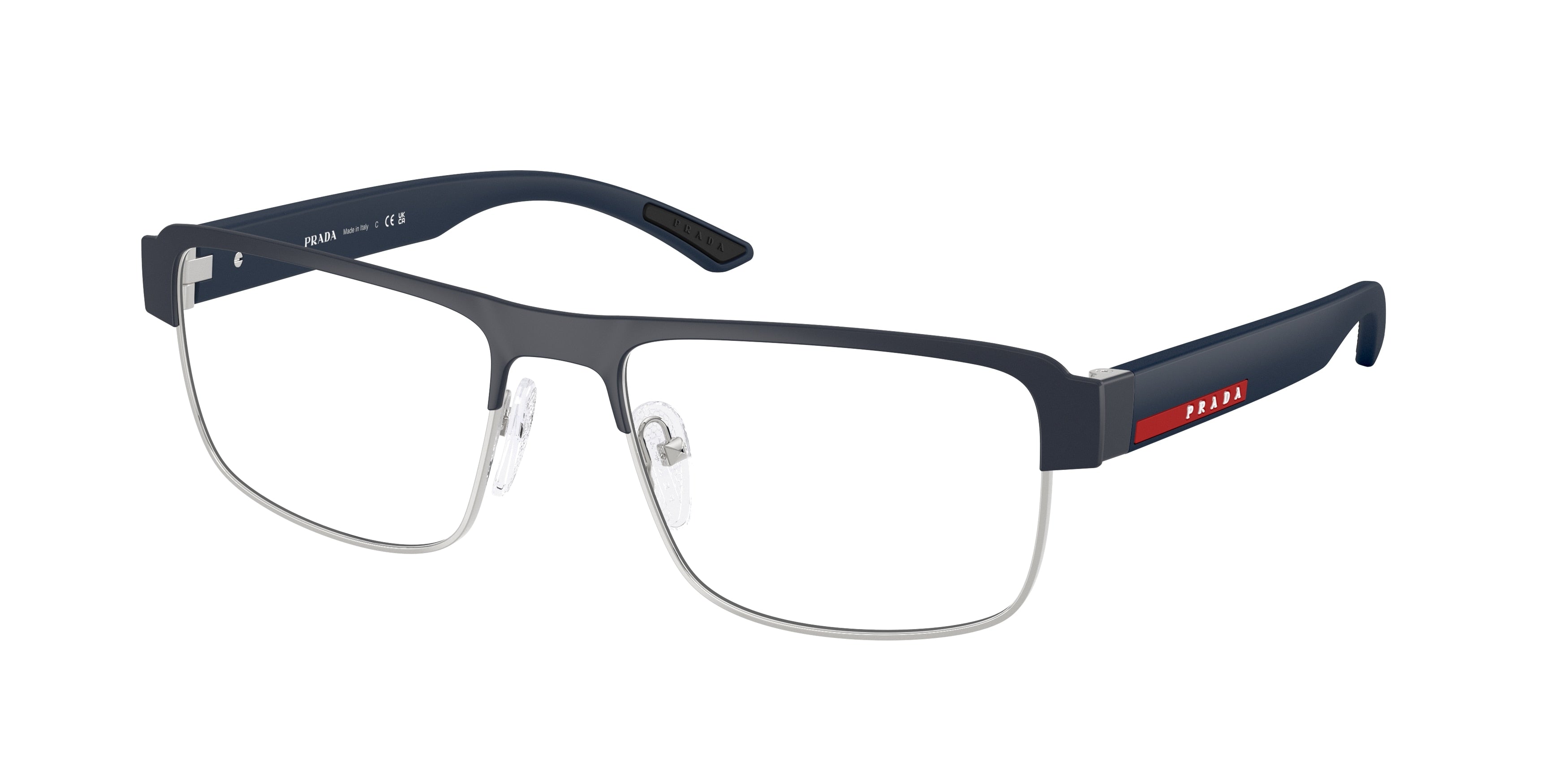 Prada Linea Rossa PS51RV Rectangle Eyeglasses TFY1O1-Blue Baltic Rubber/Silver 56-145-18 - Color Map Blue