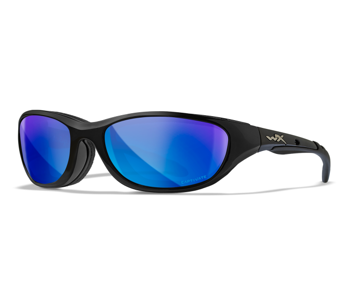 Wiley X AIRRAGE Sunglasses Oval GLOSS BLACK CAPTIVATE™ Polarized Blue Mirror Gloss Black 61-18-124