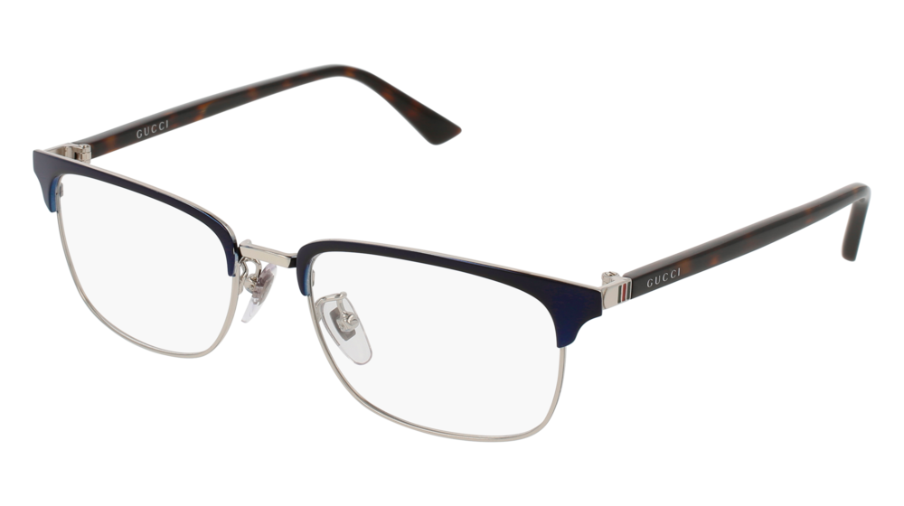 GUCCI GG0131O RECTANGULAR / SQUARE Eyeglasses For Men GG0131O-003 BLUE HAVANA / TRANSPARENT SILVER 53-18-145