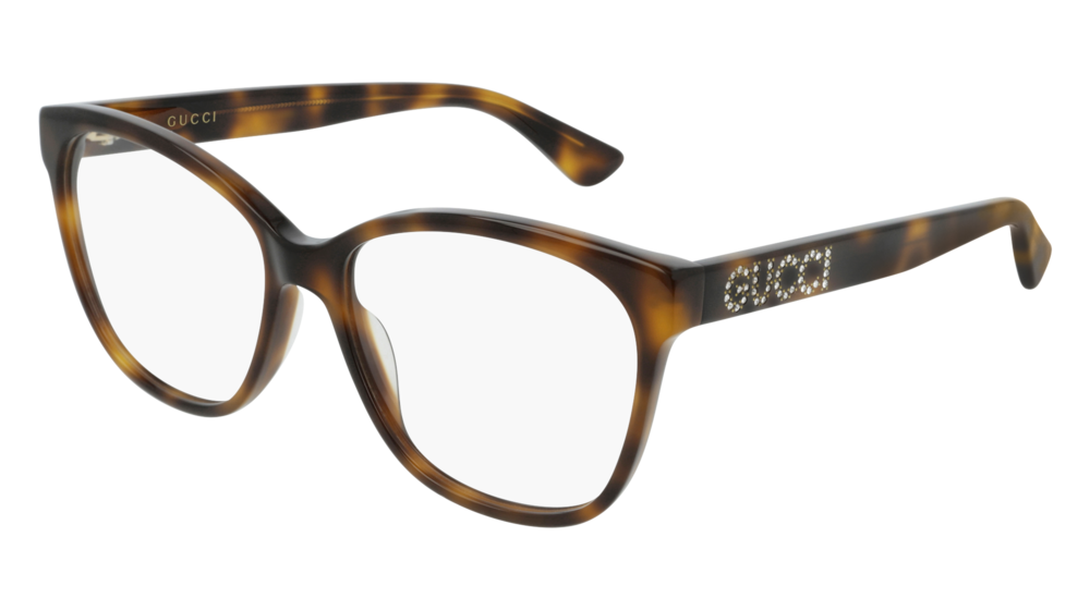 GUCCI GG0421O RECTANGULAR / SQUARE Eyeglasses For Women GG0421O-002 HAVANA HAVANA / TRANSPARENT SHINY 55-16-140