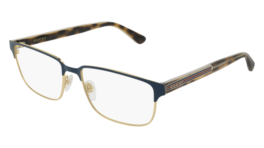 GUCCI GG0383O RECTANGULAR / SQUARE Eyeglasses For Men GG0383O-006 BLUE HAVANA / TRANSPARENT GOLD 58-17-145