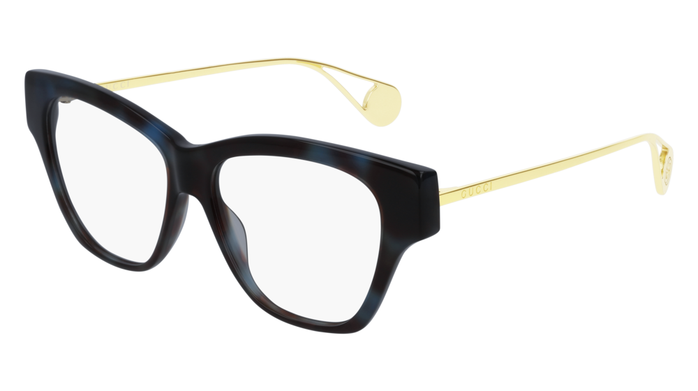 GUCCI GG0438O RECTANGULAR / SQUARE Eyeglasses For Women GG0438O-003 HAVANA GOLD / TRANSPARENT BLUE 52-14-140