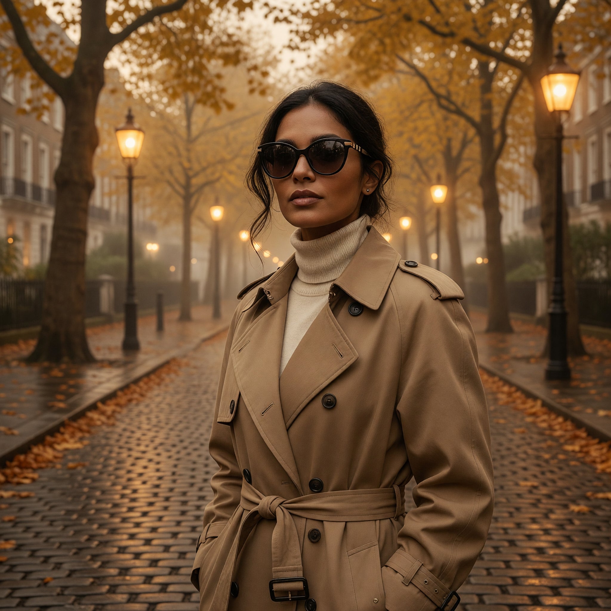 Woman in camel trench coat wearing Burberry cat-eye sunglasses against a golden autumn backdrop
