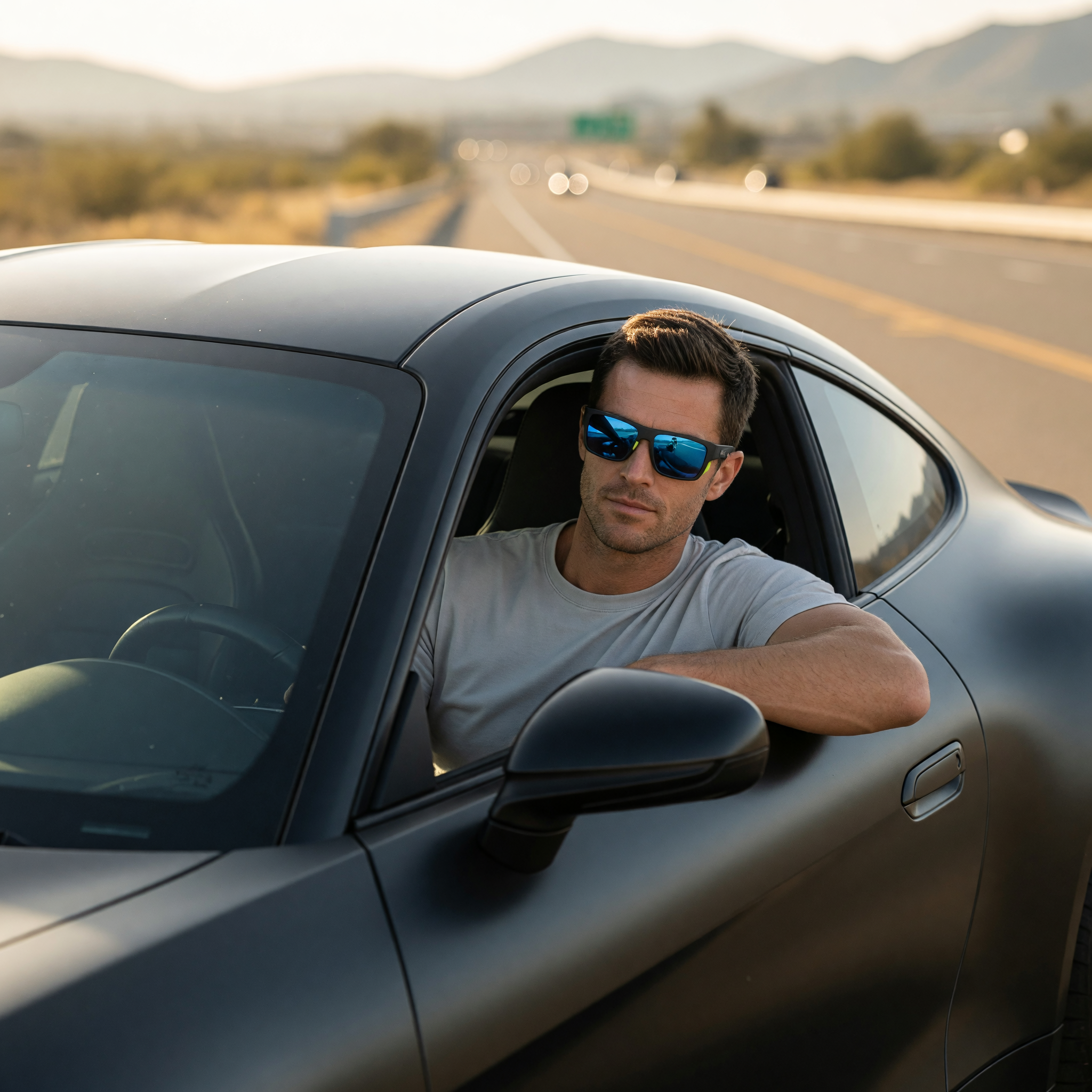 Bollé Airdrift matte black rectangular polarized sunglasses with blue mirrored lenses and lime green accents