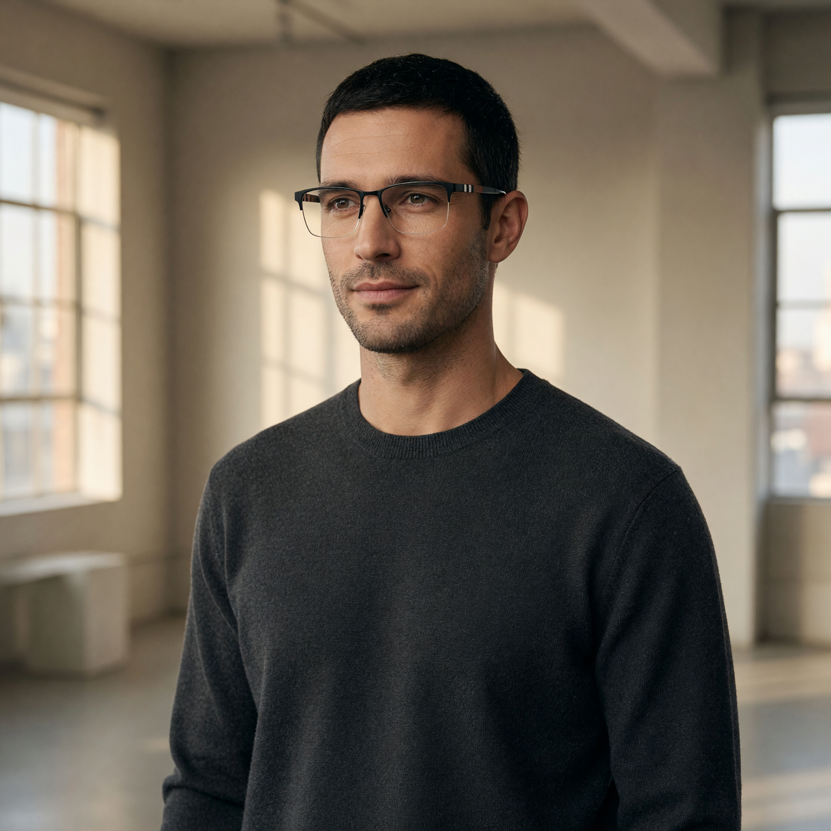 Burberry BE2108 black semi-rimless square eyeglasses with signature check pattern temples, angled view