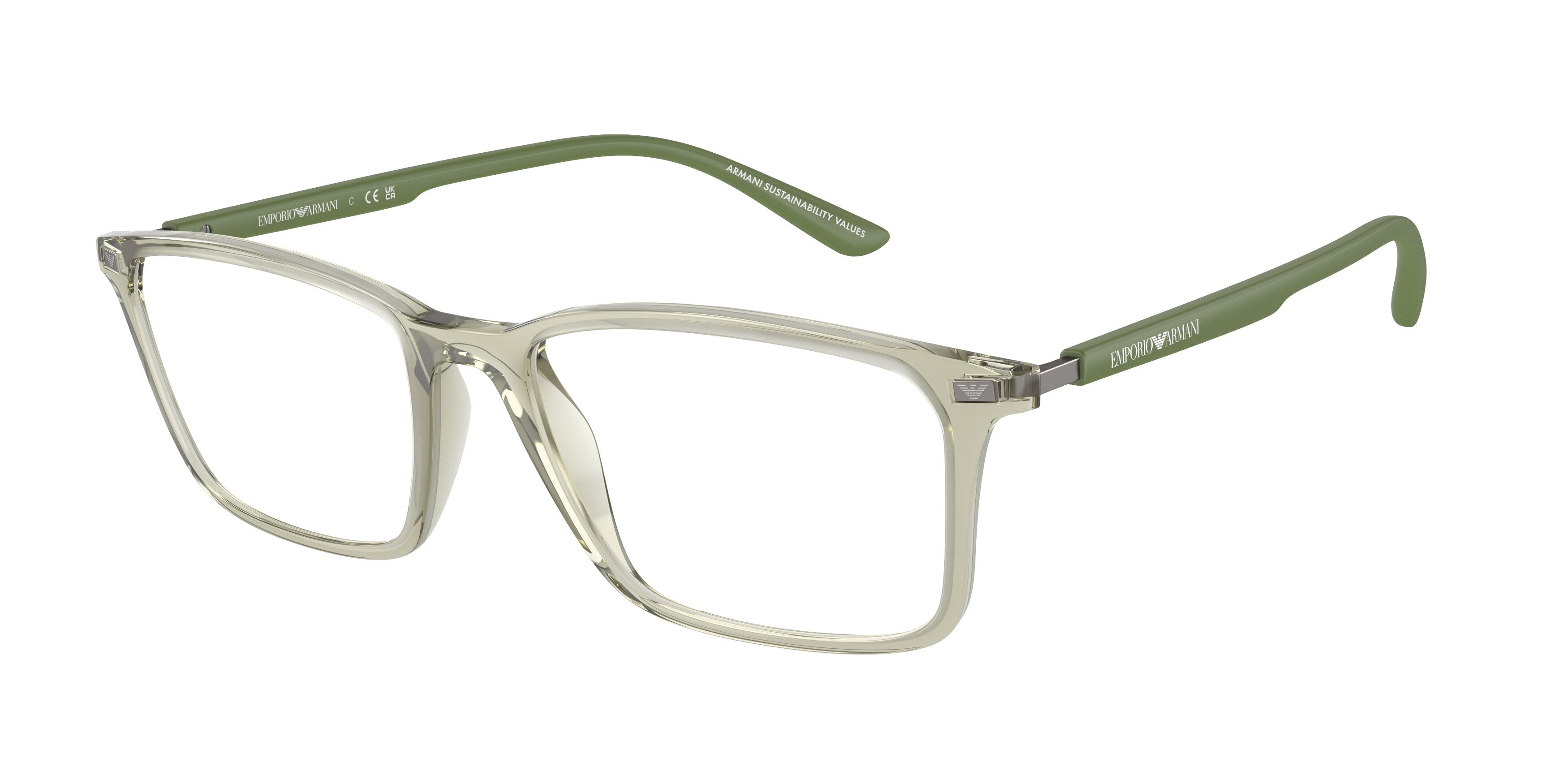 Emporio Armani EA3237F Rectangle Eyeglasses  6107-Shiny Transparent Green 56-145-18 - Color Map Green
