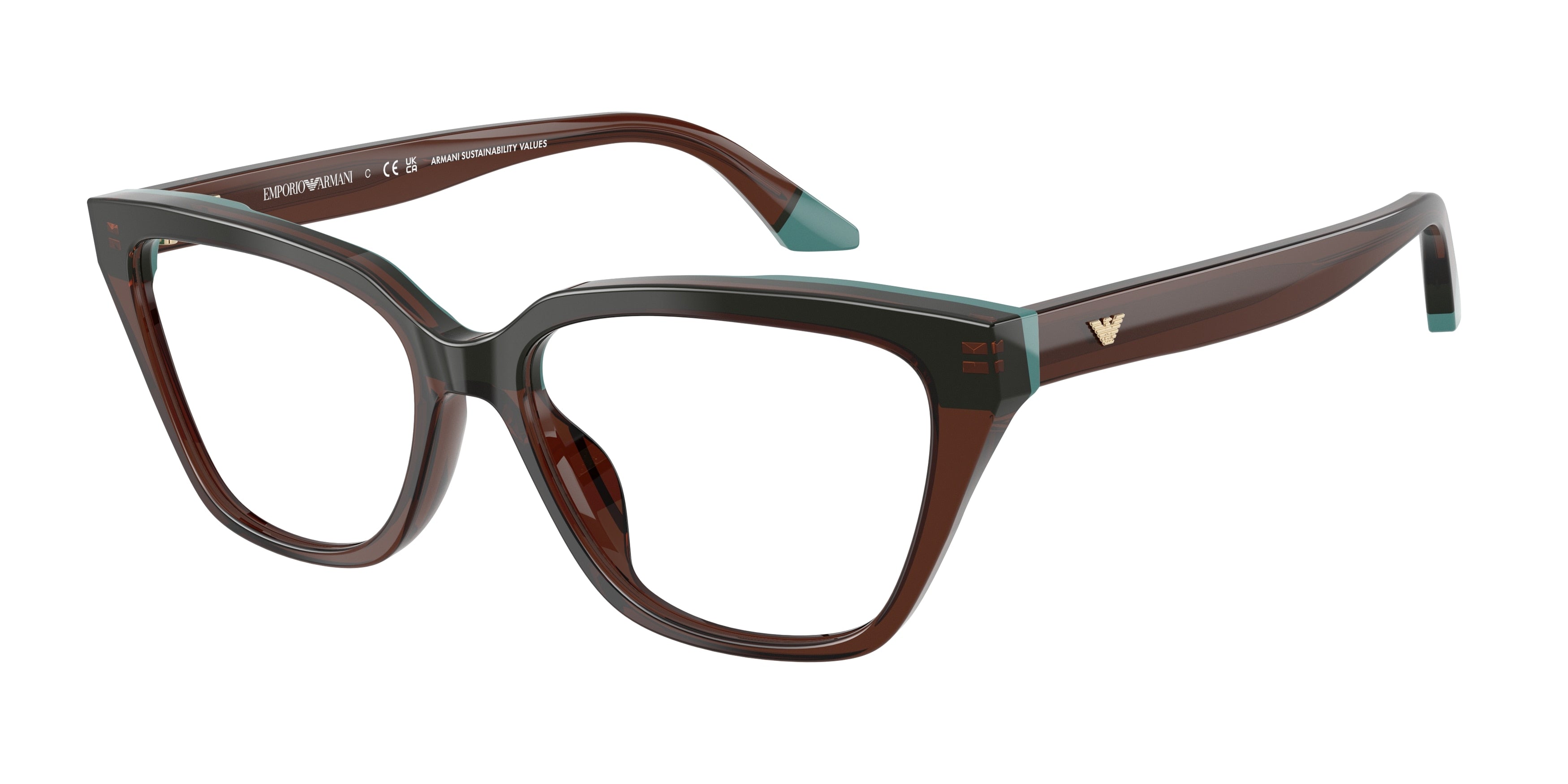Emporio Armani EA3270U Cat Eye Eyeglasses for Women — Free Shipping - 53-140-16 / 6318-Transparent Brown/Teal