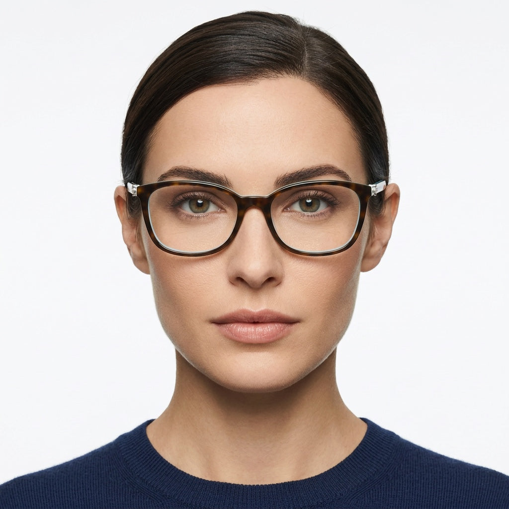 Tiffany TF2109HB Havana on Tiffany Blue eyeglasses worn by a model