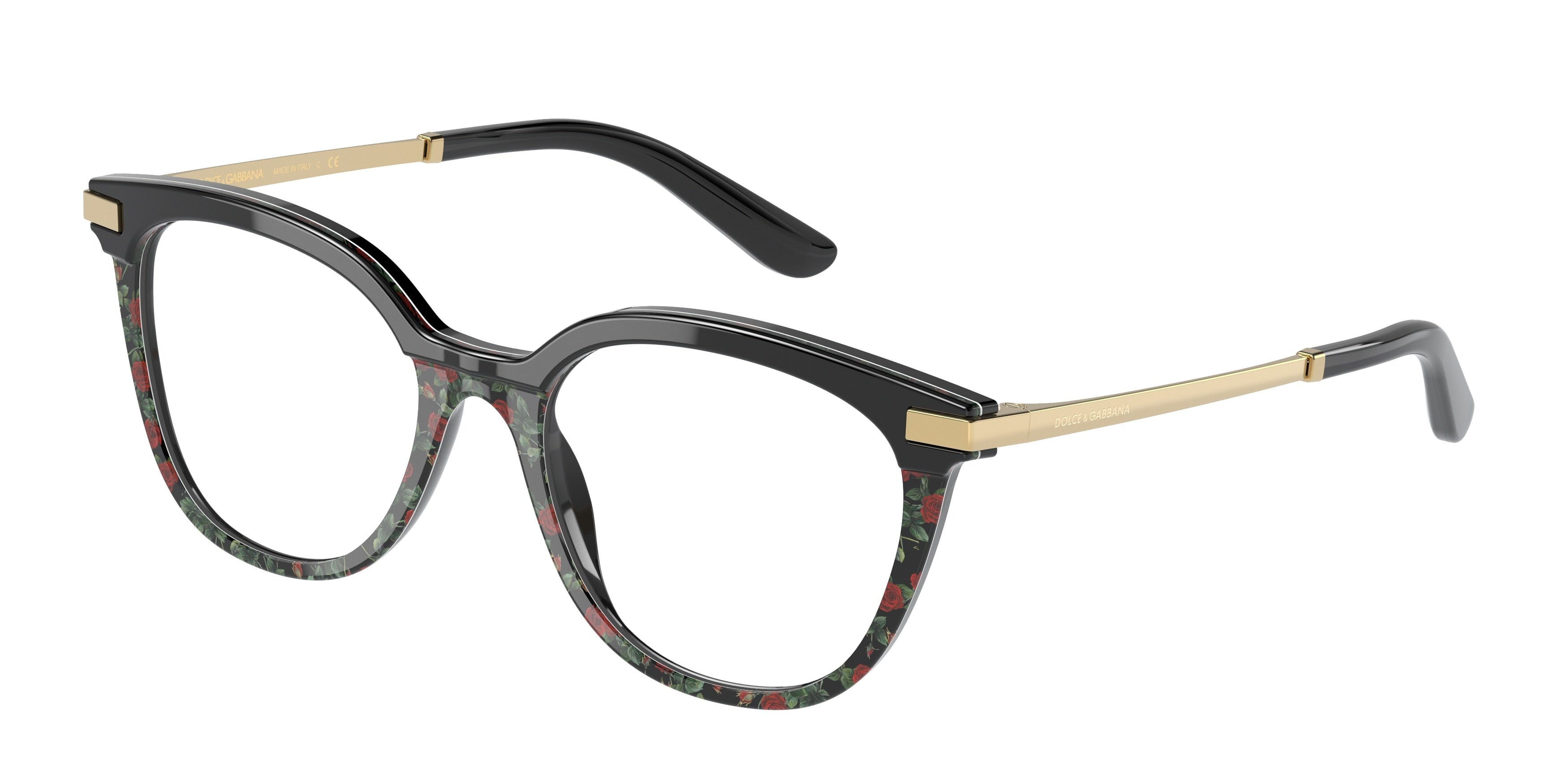 DOLCE & GABBANA DG3346 Phantos Eyeglasses  3317-Black/Red Roses Print 52-140-18 - Color Map Black