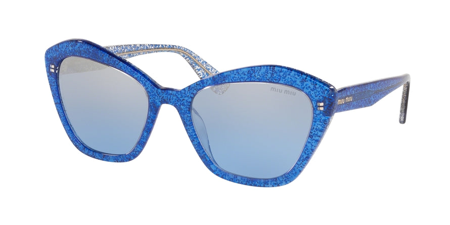 Miu Miu CORE COLLECTION MU05US Irregular Sunglasses  1452B2-GLITTER BLUE 55-20-140 - Color Map blue