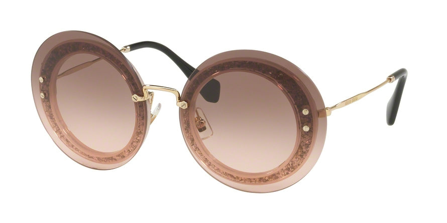 Miu Miu CORE COLLECTION MU10RS Round Sunglasses  UEU1E2-TRANSP PINK/FABRIC GLITTER SIL 64-17-140 - Color Map pink