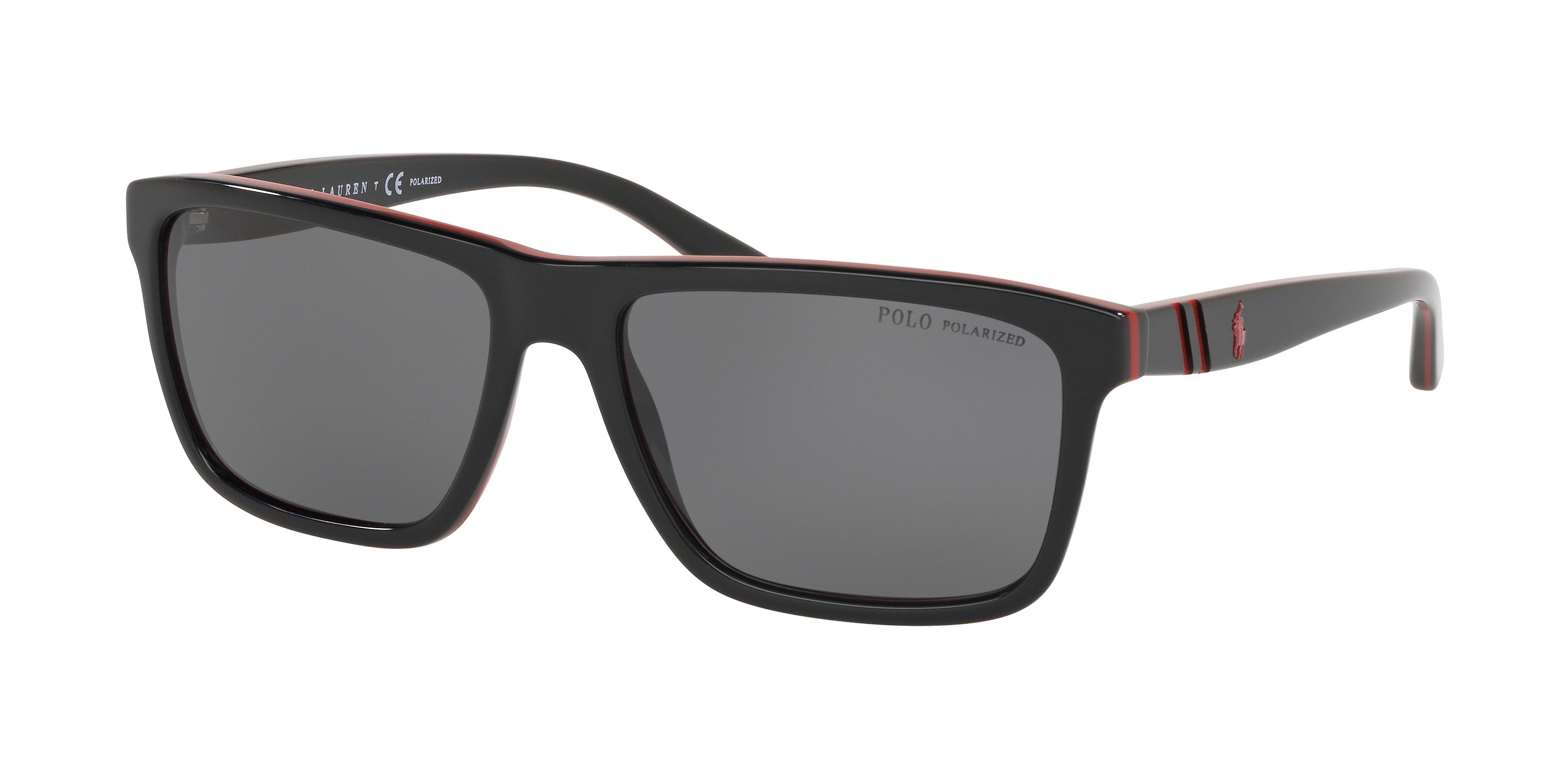 Polo PH4153 Rectangle Sunglasses  566881-Shiny Black/Red/Black 58-140-17 - Color Map Black