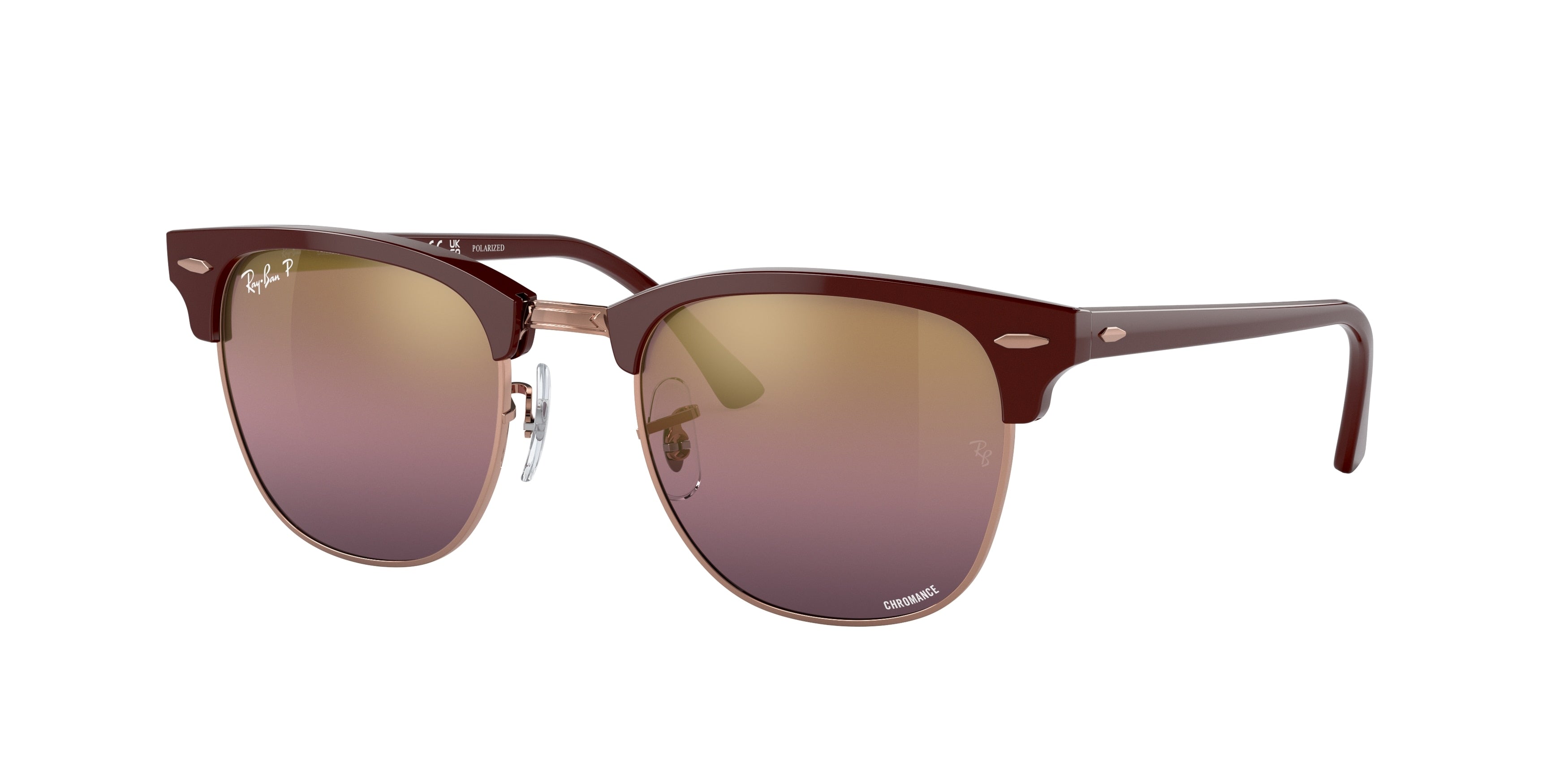 Ray-Ban CLUBMASTER LOW BRIDGE FIT RB3016F Square Sunglasses  1365G9-Bordeaux On Rose Gold 55-145-19 - Color Map Red