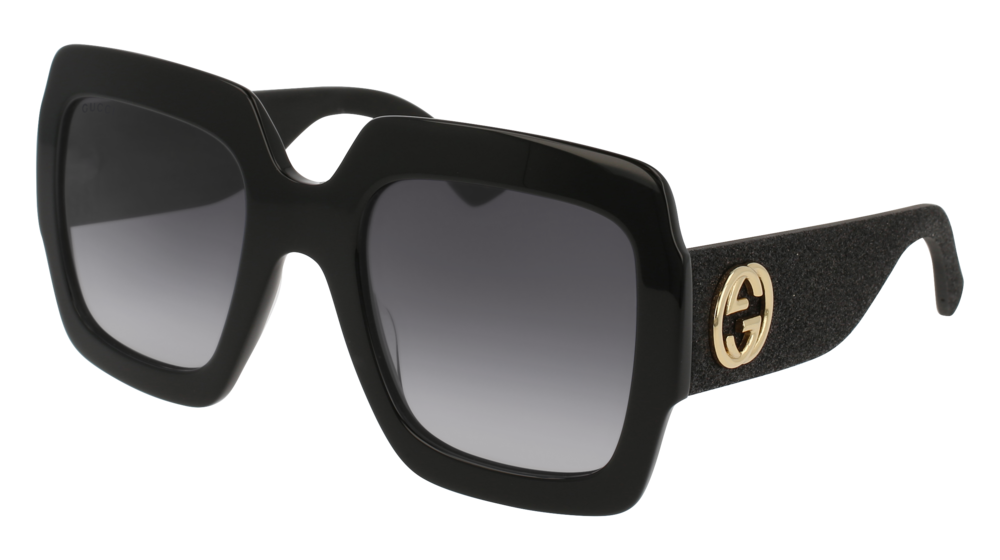 GUCCI GG0102S RECTANGULAR / SQUARE Sunglasses For Women  GG0102S-001 BLACK BLACK / GREY SHINY 54-25-145