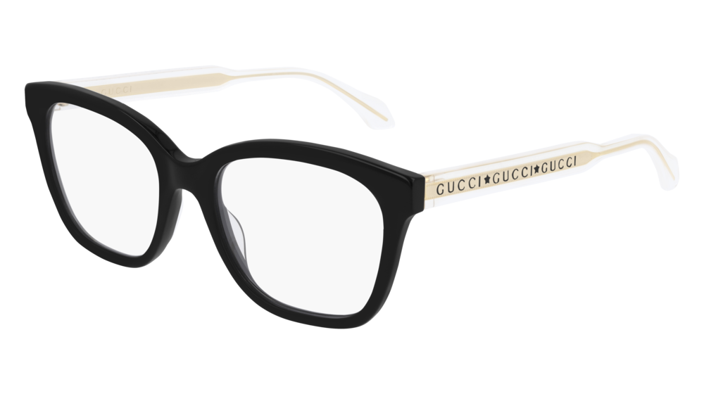 GUCCI GG0566O RECTANGULAR / SQUARE Eyeglasses For Women  GG0566O-001 BLACK CRYSTAL / TRANSPARENT SHINY 52-18-140
