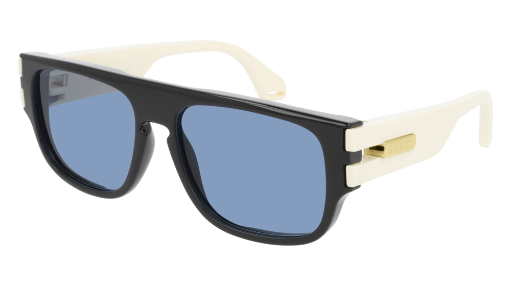 GUCCI GG0664S RECTANGULAR / SQUARE Sunglasses For Men  GG0664S-002 BLACK IVORY / BLUE SHINY 58-17-145