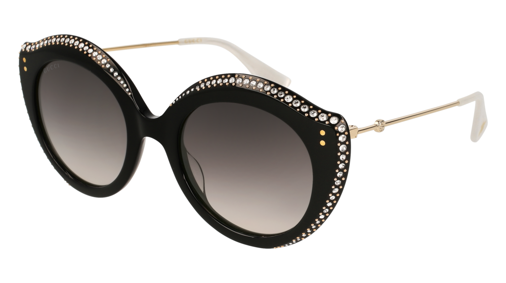 GUCCI GG0214S ROUND / OVAL Sunglasses For Women  GG0214S-001 BLACK GOLD / GREY SHINY 52-22-145
