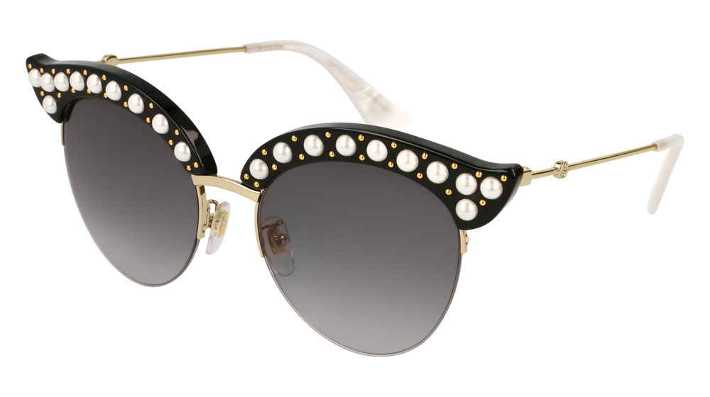 GUCCI GG0212S CAT EYE Sunglasses For Women  GG0212S-001 BLACK GOLD / GREY WHITE 53-18-140