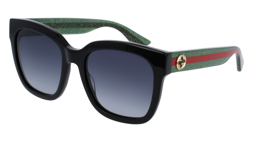 GUCCI GG0034S RECTANGULAR / SQUARE Sunglasses For Women  GG0034S-002 BLACK GREEN / GREY SHINY 54-20-140