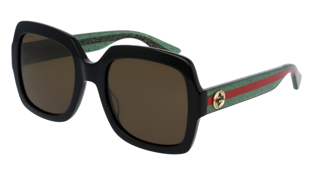 GUCCI GG0036S RECTANGULAR / SQUARE Sunglasses For Women  GG0036S-002 BLACK GREEN / BROWN SHINY 54-22-140