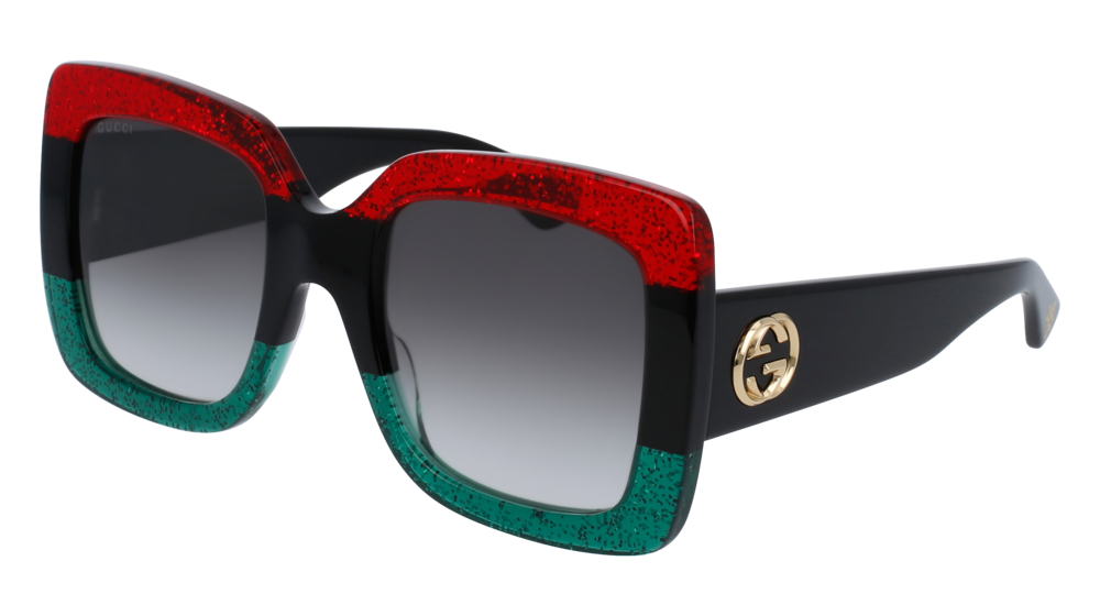 GUCCI GG0083S RECTANGULAR / SQUARE Sunglasses For Women  GG0083S-001 RED BLACK / GREY GREEN 55-24-140