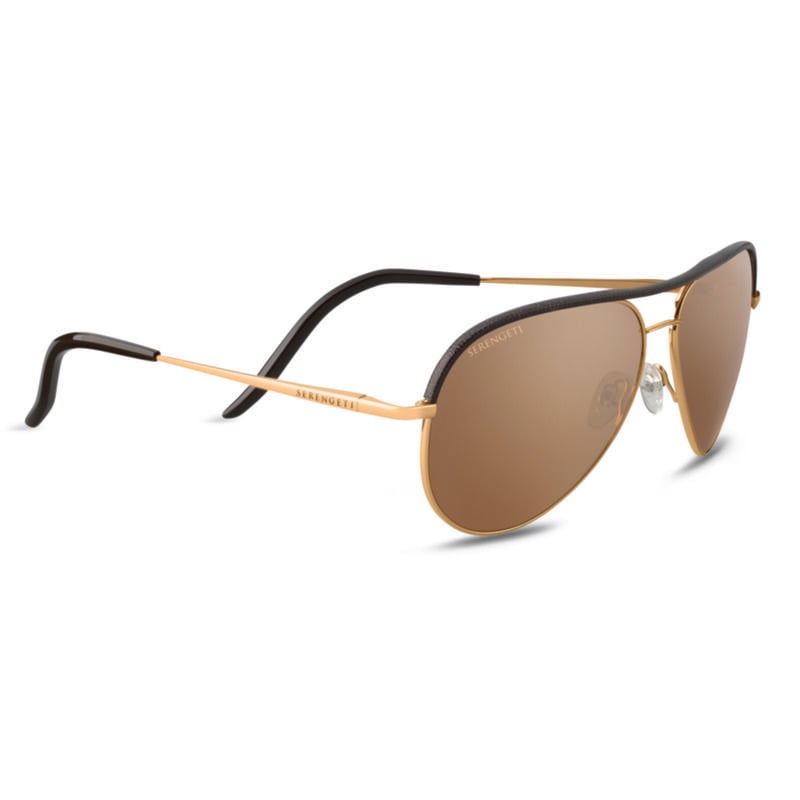 Serengeti Carrara Leather Sunglasses  Shiny Bold Gold With Dark Brown Leather Medium