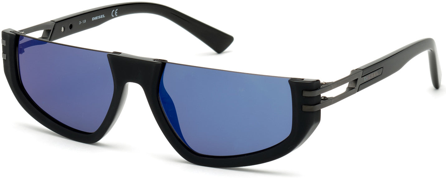 Diesel DL0315 Geometric Sunglasses 02X-02X - Matte Black / Blu Mirror