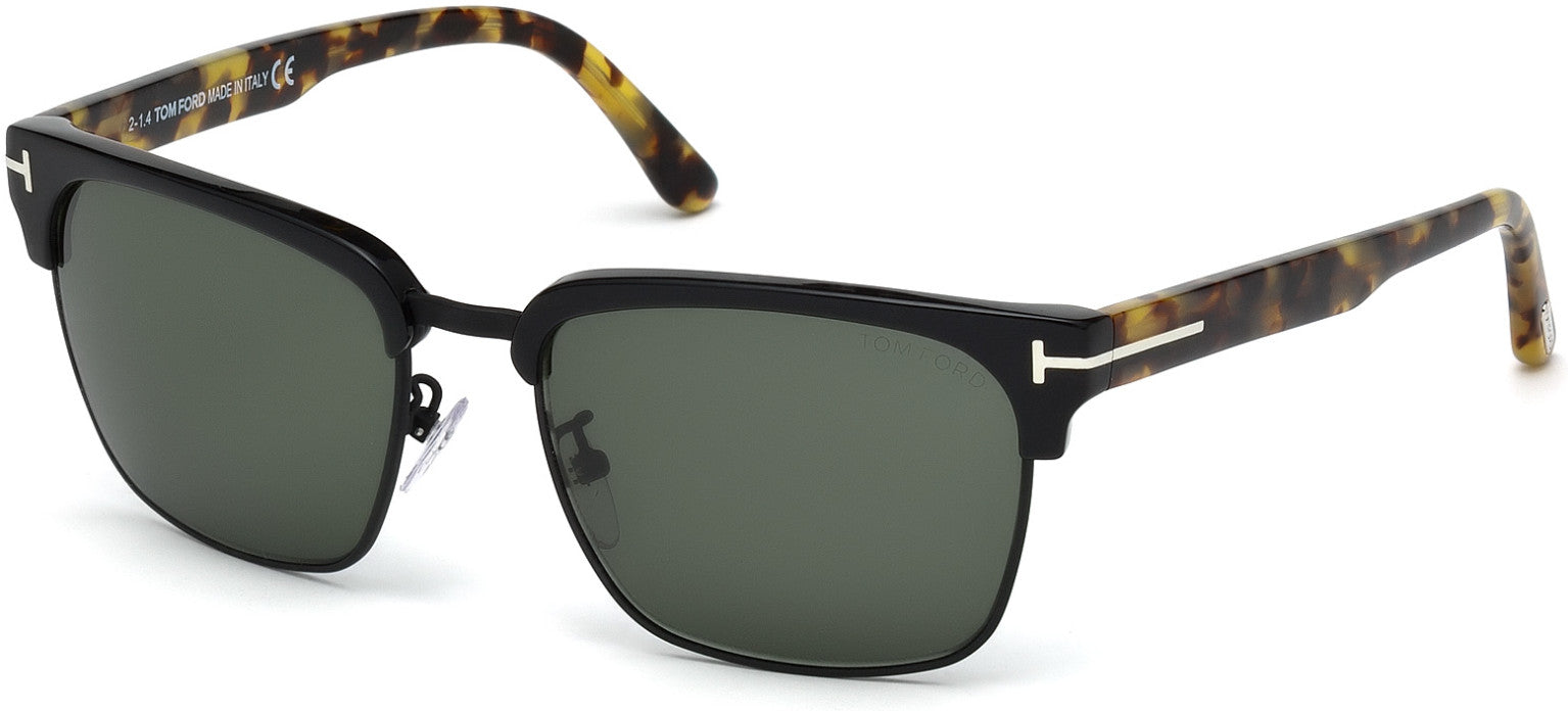 Tom Ford FT0367 River Geometric Sunglasses 02B-02B - Shiny Black Front, Tortoise Temples, Matte Black Metal / Green Lenses