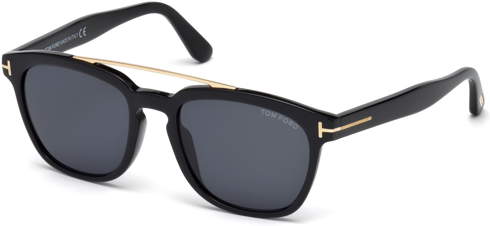 Tom Ford FT0516 Holt Geometric Sunglasses 01A-01A - Shiny Black Front & Temple, Shiny Rose Gold Brow Bar/ Smoke Lenses