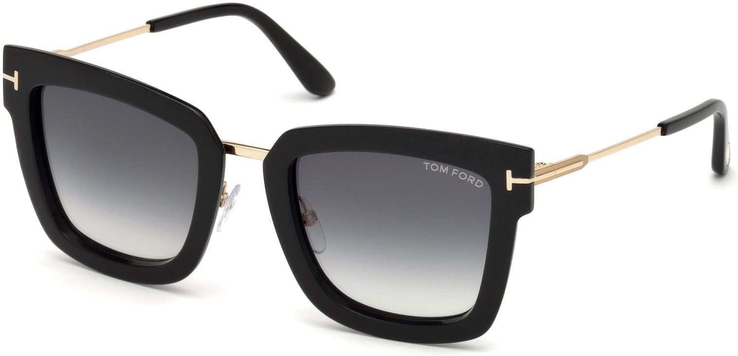 Tom Ford FT0573 Lara-02 Geometric Sunglasses 01B-01B - Shiny Black, Rose Gold/ Gradient Smoke Lenses