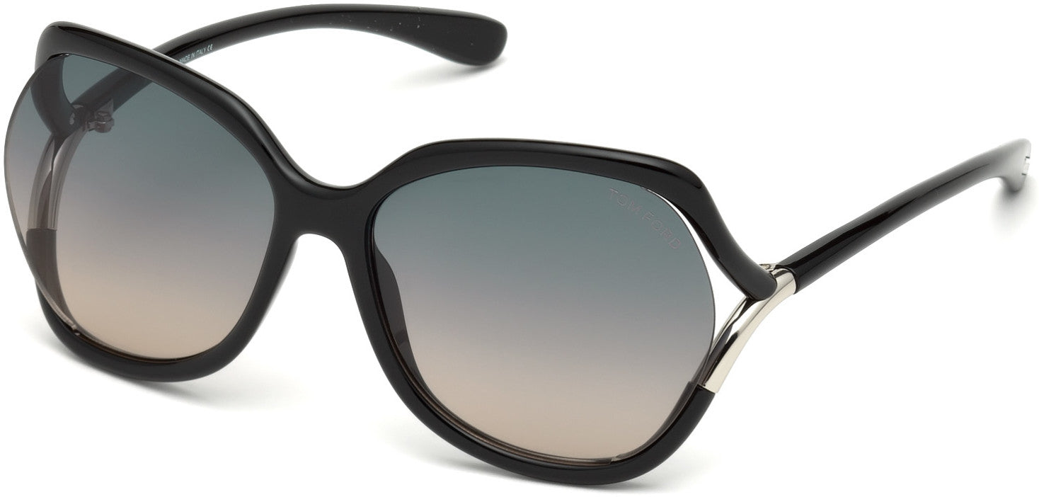 Tom Ford FT0578 Anouk-02 Geometric Sunglasses 01B-01B - Shiny Black, Palladium Temple Detail/ Gradient Smoke Lenses