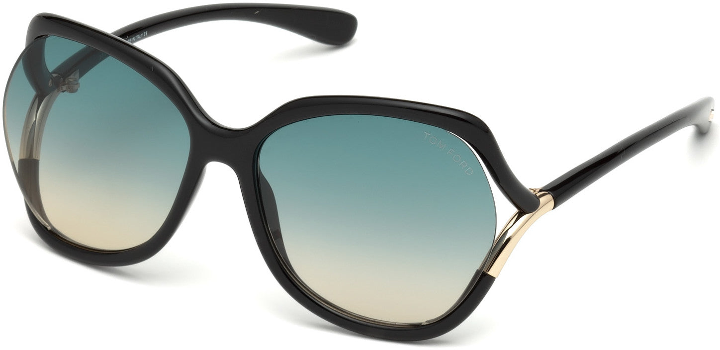 Tom Ford FT0578 Anouk-02 Geometric Sunglasses 01W-01W - Shiny Black, Rose Gold Temple Detail/ Gradient Turquoise Lenses