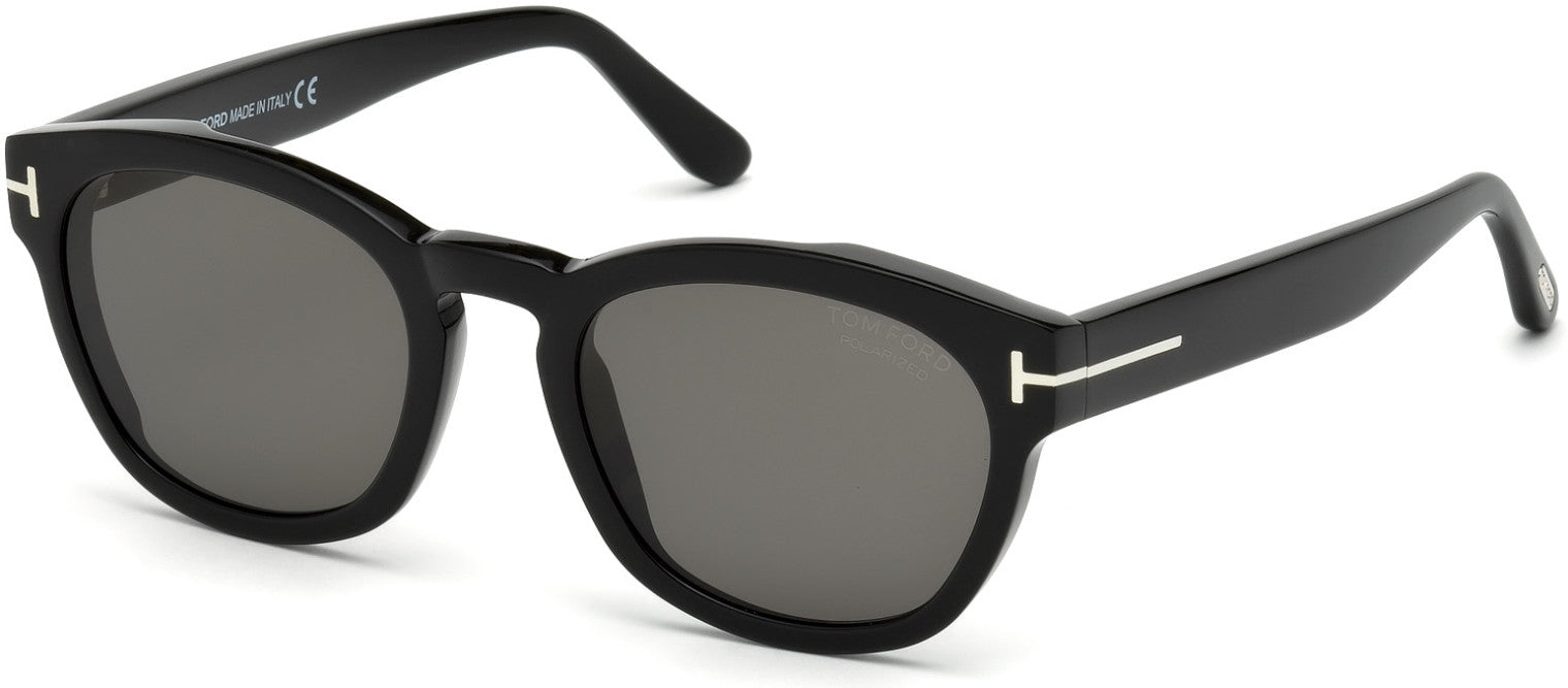 Tom Ford FT0590 Bryan-02 Geometric Sunglasses 01D-01D - Shiny Black, Palladium T Logo/ Smoke Polarized Lenses
