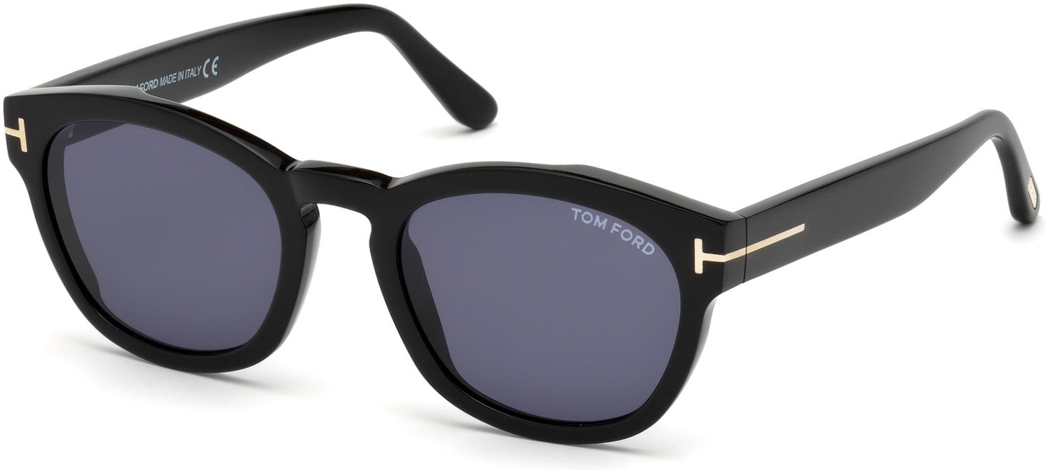 Tom Ford FT0590 Bryan-02 Geometric Sunglasses 01V-01V - Shiny Black, Rose Gold T Logo/ Blue Lenses