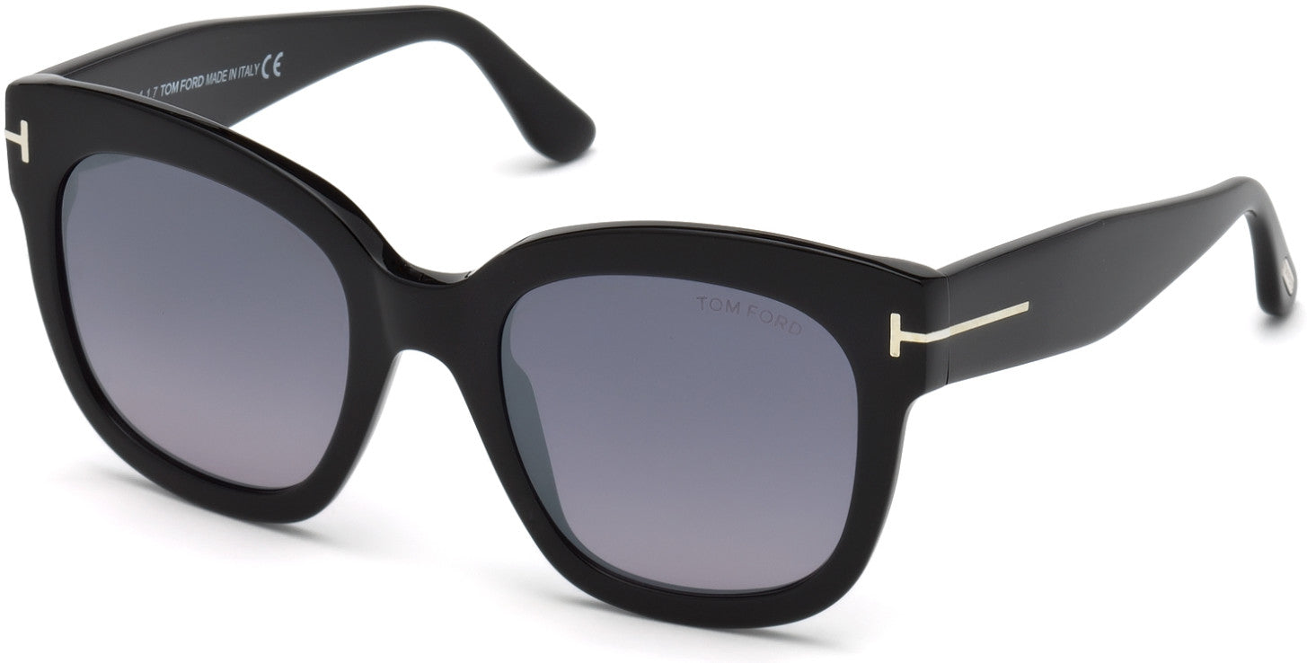 Tom Ford FT0613 Beatrix-02 Geometric Sunglasses 01C-01C - Shiny Black, Palladium T Logo/ Gradient Smoke Flash Silver Lenses