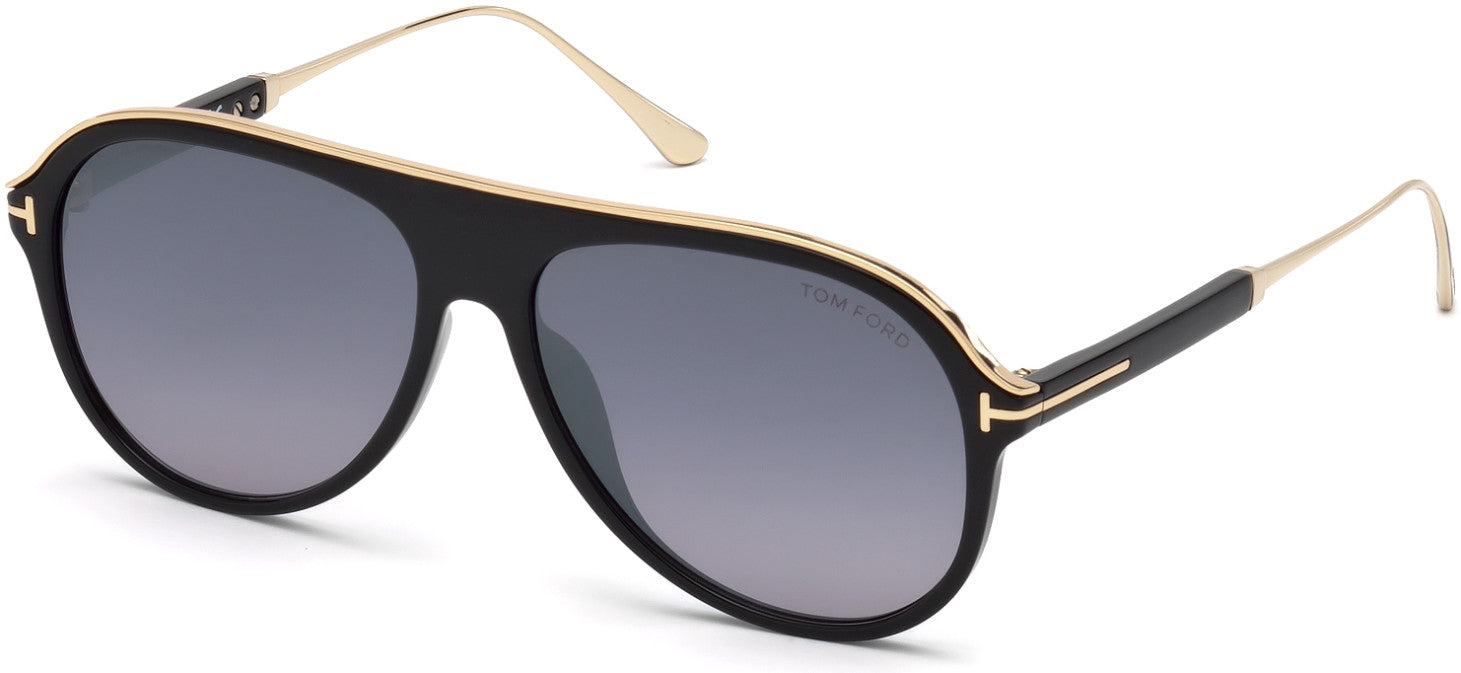 Tom Ford FT0624 Nicholai-02 Pilot Sunglasses 01C-01C - Shiny Black, Rose Gold Metal Details/ Grad. Smoke Lenses, Silver Flash