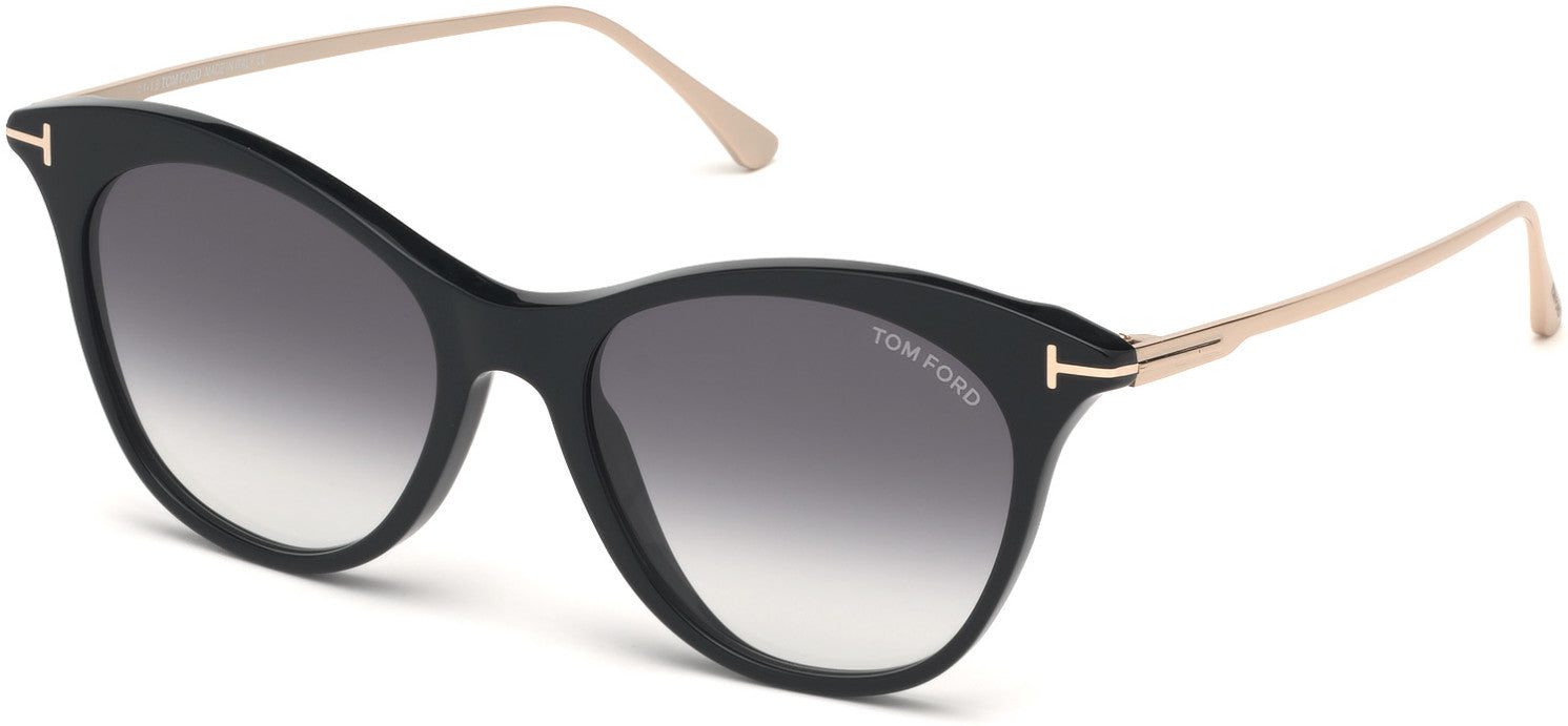 Tom Ford FT0662 Micaela Cat Sunglasses 01B-01B - Shiny Black, Shiny Palladium/ Gradient Smoke W. Flash Silver Lenses
