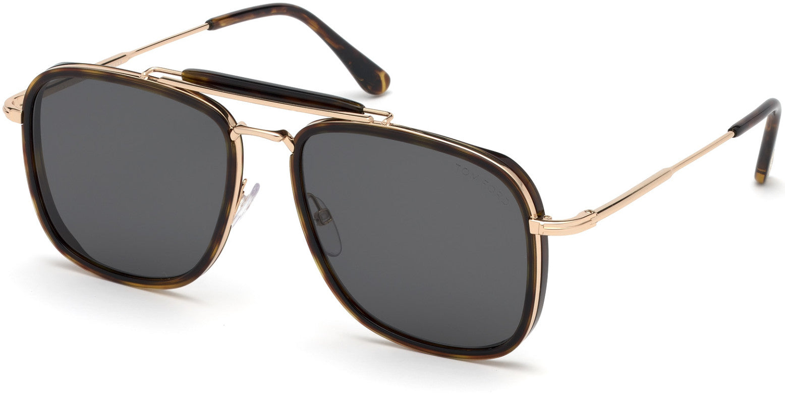 Tom Ford FT0665 Huck Geometric Sunglasses 52A-52A - Shiny Classic Dark Havana Acetate Rims, Shiny Rose Gold/ Smoke Lenses