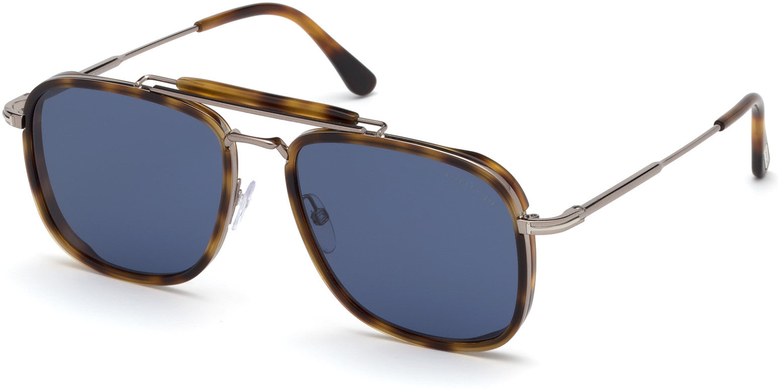 Tom Ford FT0665 Huck Geometric Sunglasses 53V-53V - Shiny Blonde Havana Acetate Rims, Light Ruthenium/ Blue Smoke Lenses