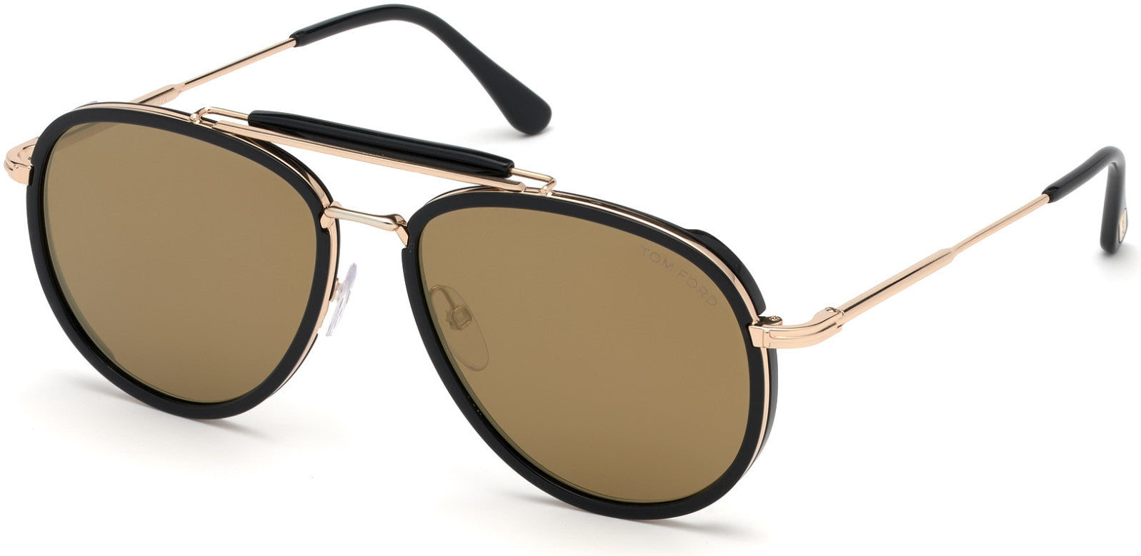 Tom Ford FT0666 Tripp Pilot Sunglasses 01G-01G - Shiny Black Acetate Rims, Shiny Rose Gold/ Brown W. Gold Mirror Lenses