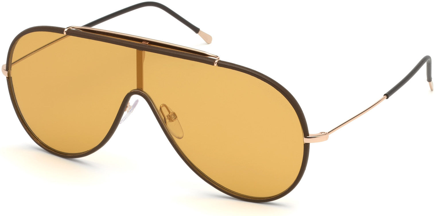 Tom Ford FT0671 Mack Round Sunglasses 48E-48E - Shiny Rose Gold W. Brown Leather Rims / Yellow Lenses